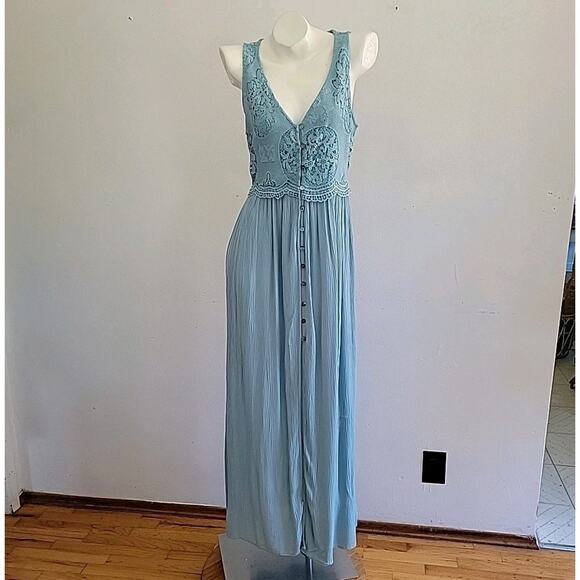 Forever 21 Button Loop Maxi Dress Seafoam Green Sleeveless Lace Cottage Prairie - Picture 1 of 10